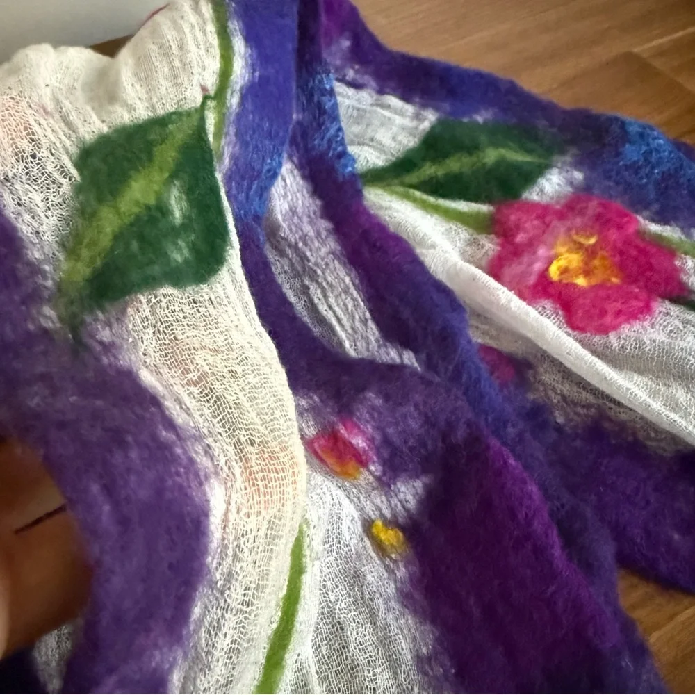Handmade FANTASY FLOWER NUNO FELT SCARF in Purple and Pink